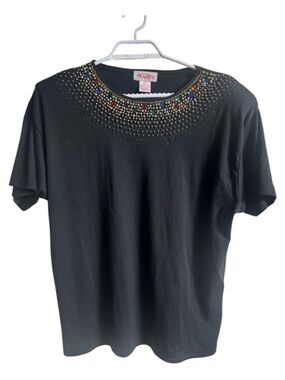 Marviv Black Rhinestone Embellished Top Vintage Glam Studded Short Sleeve Tee